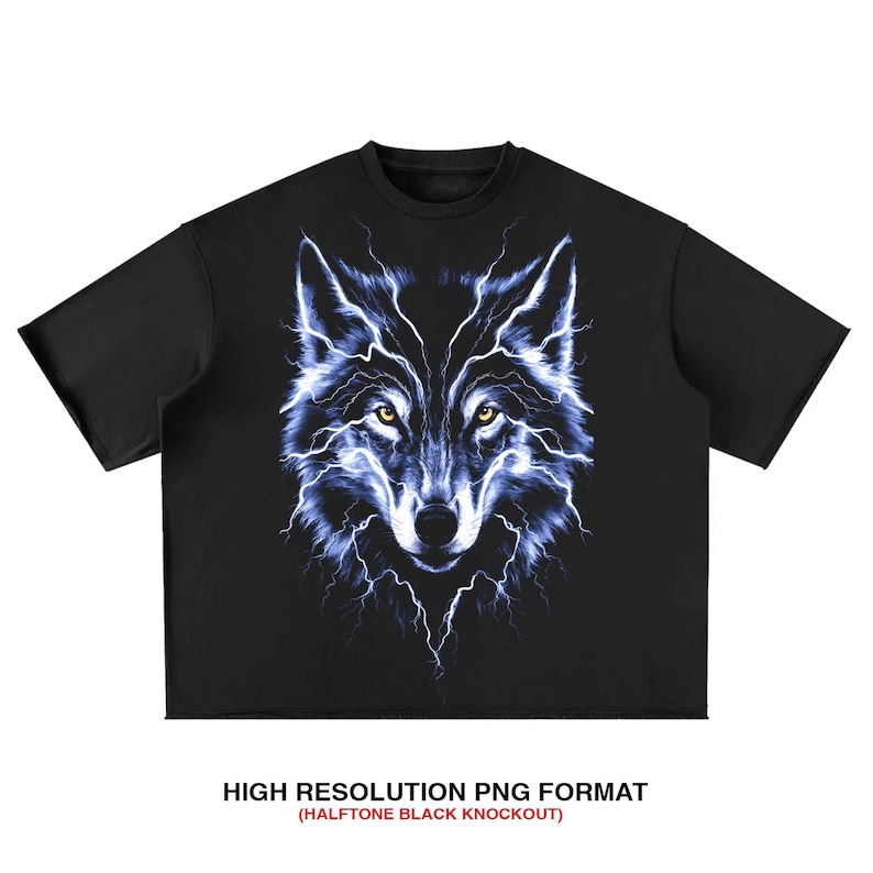 May include: Black t-shirt featuring a detailed wolf face design with blue lightning bolt accents. The wolf's eyes are yellow. The text at the bottom reads "HIGH RESOLUTION PNG FORMAT (HALFTONE BLACK KNOCKOUT)".