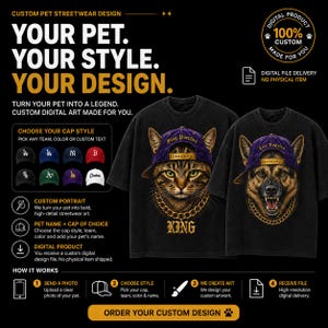 May include: A black t-shirt design featuring a cat wearing a purple baseball cap and gold chain with the text KING, and a German Shepherd wearing a purple baseball cap and gold chain. The graphic includes text: YOUR PET. YOUR STYLE. YOUR DESIGN.
