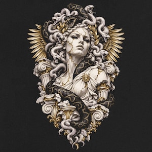 Medusa PNG, grekisk mytologigrafik, Gorgonorm DTF-design, marmorstaty-skjorta PNG, mörk grekisk gudinnakonst