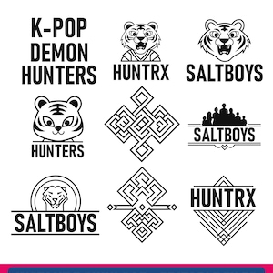 Puede incluir: Un gráfico de arte digital con varios diseños en blanco y negro. Los diseños incluyen caras de tigre, patrones geométricos y texto que dice "K-POP DEMON HUNTERS", "HUNTRX" y "SALTBOYS". La imagen también incluye el texto "DESCARGA INSTANTÁNEA • ARCHIVOS EDITABLES".
