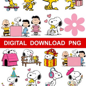 May include: A digital download PNG pack featuring various illustrations of Snoopy, Woodstock, and other Peanuts characters. The images include Snoopy on roller skates, Snoopy with a paintbrush, and Woodstock on a skateboard. The text "DIGITAL DOWNLOAD PNG" and "INSTANT DOWNLOAD PACK" are displayed.