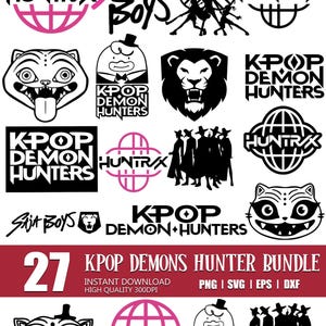 Kpop Demon Hunter SVG Bundle, Saja Boy & Huntrix Svg, Demon Hunters Inspired Kpop Svg, Cat and Bird Png, Kpop Idol Group Cut File,Silhouette
