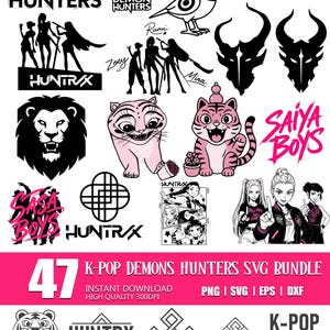 Pacchetto SVG Kpop Demon Hunter, Saja Boy e Huntrix SVG, SVG Kpop ispirato ai cacciatori di demoni, Gatto e uccello PNG, File di taglio del gruppo di idoli Kpop, Silhouette