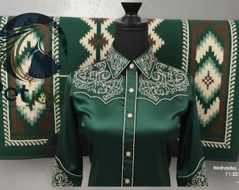 Hunter Green Satin Western Show Shirt – Silver Embroidery, Southwest Blanket Set