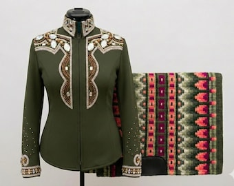 Western Show Shirt and Saddle Blanket Combo – Olive Green Embellished Top
