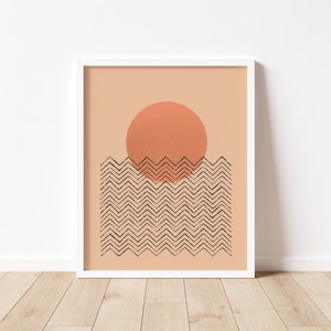 Abstract minimal landscape ocean sunset retro art, printable wall deco