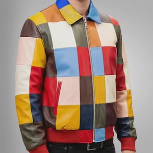 Patchwork skinnjacka för män, lyxjacka, flerfärgad biker retrostil, vänskapsdagspresent