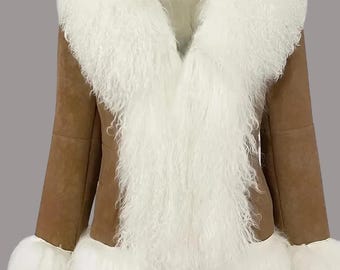 Cappotto afgano vintage anni '70 - Pelle scamosciata marrone con finiture in pelliccia mongola bianca