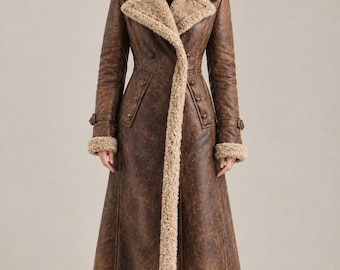 Vintage-Inspired Brown Distressed Real Leather Trench Coat, Shearling Coat, Autumn Fashion, Fall Fashion