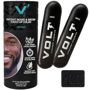 May include: A black cylindrical container and two black applicators for beard and brow touch-up color. The container has the text "INSTANT BEARD & BROW TOUCH UP COLOR" and "TWO PACK". The applicators are labeled "ONYX" and "VOLT LIFEPROOF GROOMING".