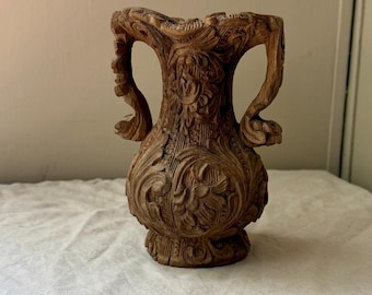 Intricate Hand Carved Wood Vase