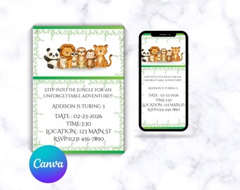 May include: A jungle-themed invitation with a group of cartoon animals, including a panda, lion, and cheetah. The invitation includes the text "Step into the jungle for an unforgettable adventure!!!" and event details.
