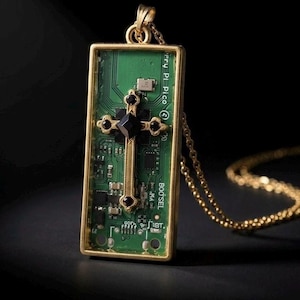 May include: A gold-toned pendant necklace featuring a rectangular frame encasing a green circuit board. A gold cross with black accents is centered on the board. The necklace has a delicate gold chain and clasp.