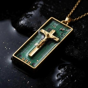 Puede incluir: Collar con colgante dorado con un crucifijo dorado sobre una placa de circuito verde. El colgante rectangular está encerrado en un marco dorado y cuelga de una delicada cadena dorada. La placa de circuito tiene el texto "Raspberry Pi Pico" y otras marcas.