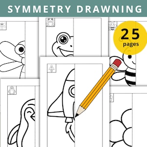 Puede incluir: Una colección de páginas de dibujo de simetría con varias ilustraciones, incluyendo una libélula, una rana, un cohete, un pingüino, una abeja y una flor. Un lápiz amarillo está colocado sobre las páginas. El texto "SYMMETRY DRAWING" está en la parte superior, y un círculo amarillo con el texto "25 páginas" es visible.