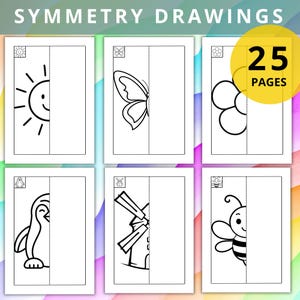 Könnte beinhalten: Eine Sammlung von Symmetrie-Zeichenseiten mit verschiedenen Illustrationen, darunter eine Sonne, ein Schmetterling, eine Blume, ein Pinguin, eine Windmühle und eine Biene. Der Text "SYMMETRY DRAWINGS" steht oben, und ein gelber Kreis zeigt "25 PAGES" an. Jede Seite hat eine gepunktete Linie in der Mitte.