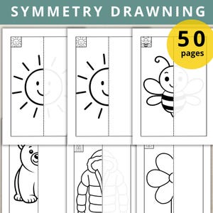 May include: A set of symmetry drawing worksheets with various illustrations, including a sun, bee, bear, jacket, and flower. The worksheets are designed to help children practice their drawing skills. The text "SYMMETRY DRAWING" is at the top, and a yellow circle indicates 50 pages.