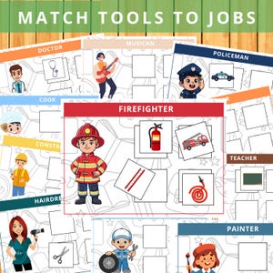 May include: Educational game with the text "MATCH TOOLS TO JOBS". The game features illustrations of various professions, including a doctor, musician, firefighter, and teacher, along with their corresponding tools. The background is a wooden surface.