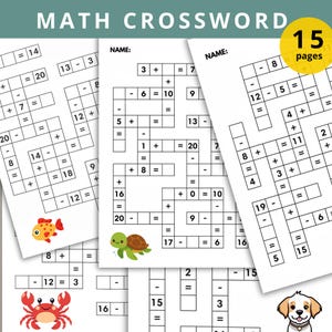 May include: Math crossword puzzle book with 15 pages. The pages feature math problems in a crossword format, with addition, subtraction, and equation solving. Colourful illustrations of a fish, turtle, crab, and dog are included.