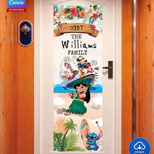 May include: A white door decorated with a colorful family-themed design. The design includes floral elements, the number "0987", and the family name "The Williams Family". Cartoon characters are also featured, including Lilo and Stitch.