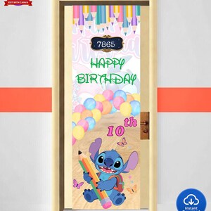 May include: A door cover featuring a colorful design for a 10th birthday. The design includes the text "Happy Birthday", a cartoon character holding a pencil, balloons, and butterflies. The door cover also has the number 7865.