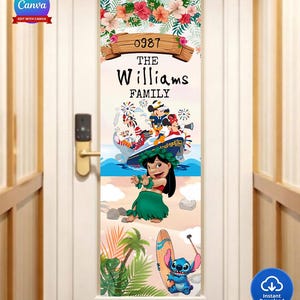 May include: A door decoration featuring a tropical theme with the text "0987 The Williams Family." The design includes floral elements, cartoon characters, and a beach scene with Lilo and Stitch.
