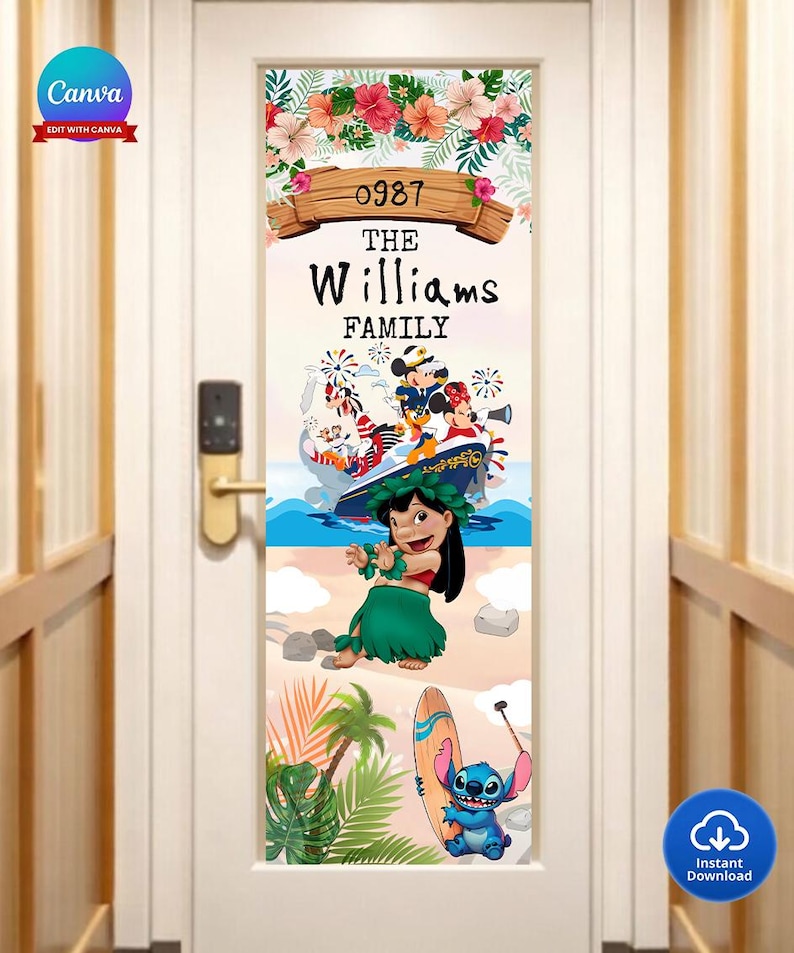 May include: A door decoration featuring a tropical theme with the text "0987 The Williams Family." The design includes floral elements, cartoon characters, and a beach scene with Lilo and Stitch.