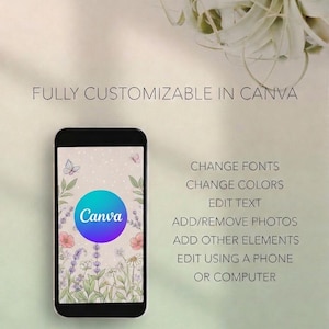 Może przedstawiać: Czarny smartfon wyświetla projekt Canva z kwiatowym tłem i niebiesko-fioletowym logo Canva. Tekst brzmi "W PEŁNI DOSTOSOWANY W CANVA" i wymienia opcje edycji: zmiana czcionek, zmiana kolor&oacute;w, edycja tekstu, dodawanie/usuwanie zdjęć i innych element&oacute;w.