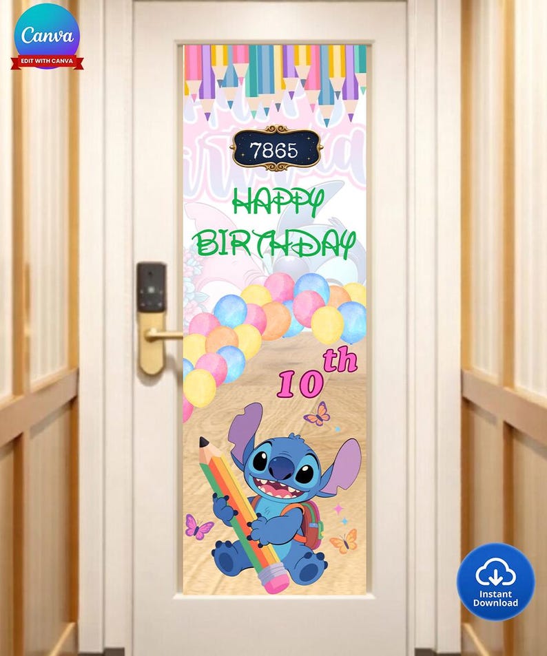 May include: A door decoration featuring a cartoon character holding a pencil, with the text "Happy Birthday" and "10th". The design includes colorful balloons, butterflies, and a house number.