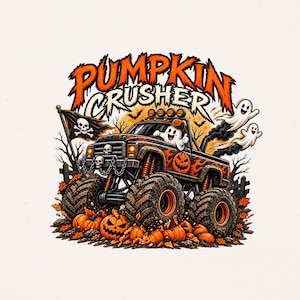 Pumpkin Crusher PNG, Fall PNG Sublimation, Patchwork Ghost PNG Spooky Vibe, Boys Halloween Monster Truck Png for Shirt, Digital Download
