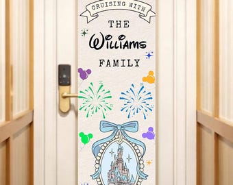 Baner na drzwi rejsu Disney, spersonalizowany baner na rejs rodzinny, dekoracja drzwi na rejs Disney, edytowalny szablon Canva, natychmiastowe pobranie