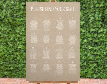 Canvas Burlap Wedding Seating Chart -- PRINTABLE DIGITAL FILE -- Hand drawn Font -- By Table Number