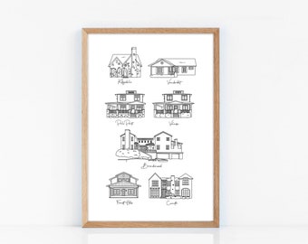 Multiple Homes Custom Illustration - 12x18 Shipped Print - Past Homes Illustration