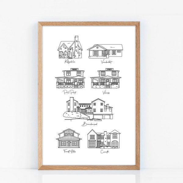 Multiple Homes Custom Illustration - 12x18 Shipped Print - Past Homes Illustration