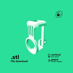Puede incluir: Soporte GoPro blanco impreso en 3D con base circular y parte superior rectangular, diseñado para lente vertical hacia abajo. La imagen incluye el texto ".stl File download" y "gopro mount fingers". El fondo es de color verde azulado.