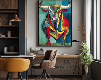 Colorful Bull Abstract Art Print - Modern Geometric Animal (Digital Download)