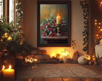 May include: A framed painting of a lit candle surrounded by holly and red berries. The painting is in a room decorated with Christmas lights and candles, creating a warm, festive atmosphere. The text "SALISH STUDIO" is at the bottom.