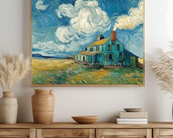 Rustic Farmhouse Landscape Art Print – Cottagecore Pastoral Scene (Digital Download)