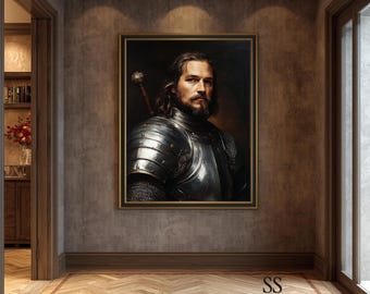 May include: A framed portrait of a man in medieval armor, with a sword over his shoulder. The artwork is set in a room with a wooden floor and dark walls. The painting has a gold frame and is labeled "Salish Studio Digital Art."