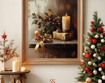 May include: A framed Christmas still life painting featuring a lit candle, holly, and a wrapped gift with a gold bow. A small Christmas tree with red and white ornaments is to the right. A small wooden table with a candle and a decorative tree is to the left.