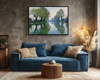 Misty River Landscape Print – Neutral Cottagecore Wall Art (Digital Download)