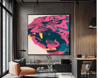 Neonowa grafika z tygrysem – szalony pop-art, awangardowy wystrój domu (do pobrania w wersji cyfrowej)