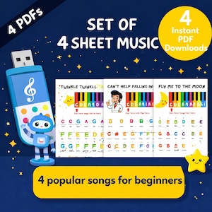 Può includere: Un set di download digitale di 4 spartiti PDF per principianti. L'immagine presenta un'unità USB, un robot e tre pagine di spartiti con tasti di pianoforte colorati e titoli di canzoni.