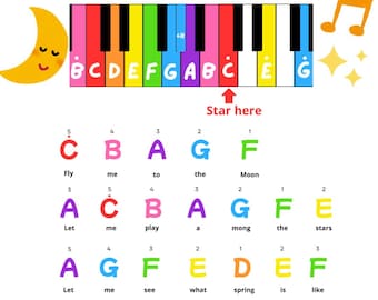 Fly Me To The Moon: Easy Piano Song for Beginners with Color-Coded Letters Sheet (Instant Download PDF)