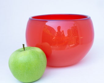 Red Handblown Glass Bowl with Purple Lip