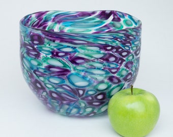 Purple Aquamarine and Green Large Murrine Bowl, Handblown Glass