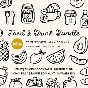 May include: Black and white hand-drawn illustrations of various food and drink items, including fruits, vegetables, and kitchenware. The text "Food & Drink Bundle" is displayed, along with "230+" and other descriptive text.