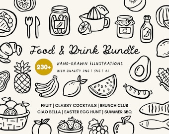 Food & Drink Doodle Clipart Illustration Bundle, Mega SVG, PNG Bundle, Commercial Use, Brunch, Menu