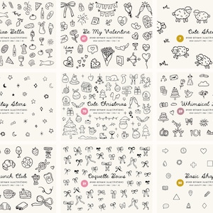 Peut inclure: Ensemble d'illustrations en noir et blanc dessin&eacute;es &agrave; la main. Les th&egrave;mes incluent la nourriture, l'amour, les moutons, les &eacute;toiles, No&euml;l, le brunch, les n&oelig;uds et les formes de base. Chaque ensemble est &eacute;tiquet&eacute; avec un titre.