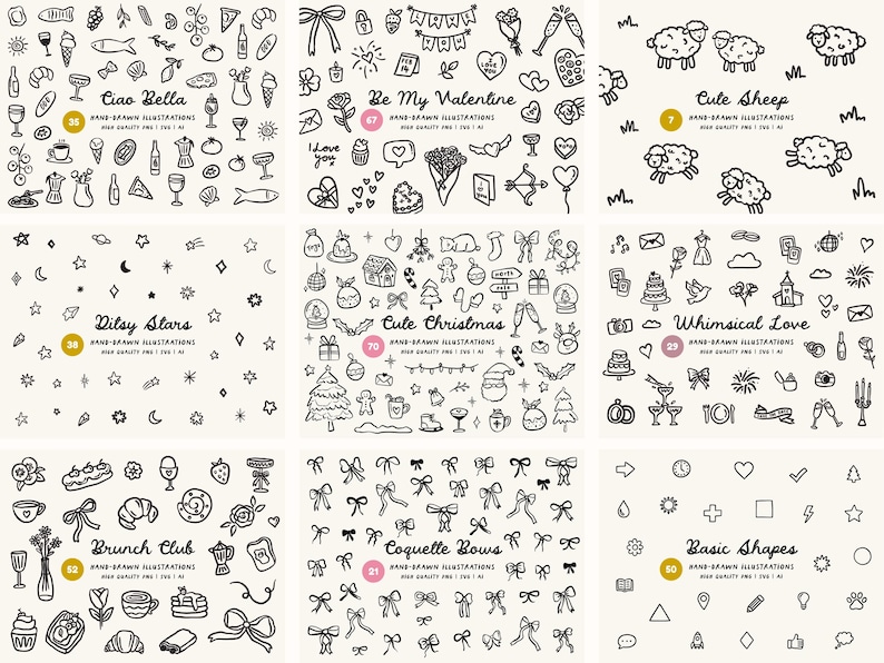 Peut inclure: Ensemble d'illustrations en noir et blanc dessin&eacute;es &agrave; la main. Les th&egrave;mes incluent la nourriture, l'amour, les moutons, les &eacute;toiles, No&euml;l, le brunch, les n&oelig;uds et les formes de base. Chaque ensemble est &eacute;tiquet&eacute; avec un titre.